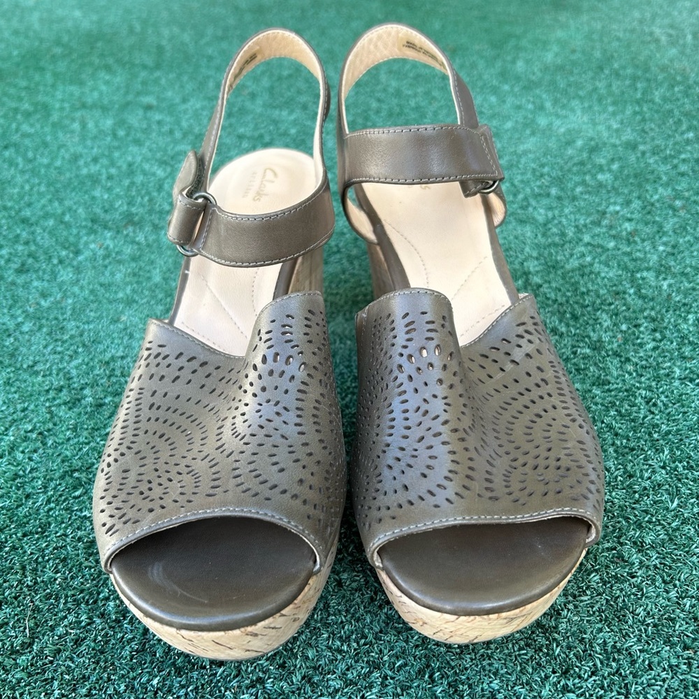 Clarks Artisan Maritsa Nila Leather Cork Wedge Platform Sandal Leather Green 8.5 - Picture 5 of 13